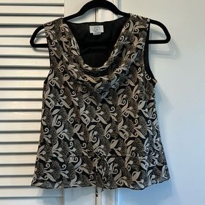 Ann Taylor LOFT Blouse Petite SZ MP 100% Polyester with Front Tie Cream & Black